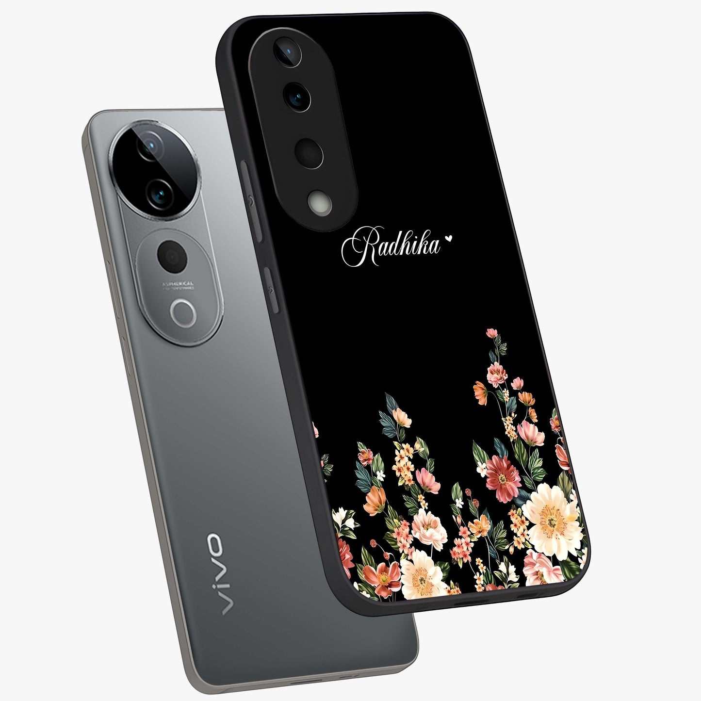 Floral Design With a Custom Personalized Name Glass Case displayed in angled mockup highlighting elegant floral pattern with custom name feature.