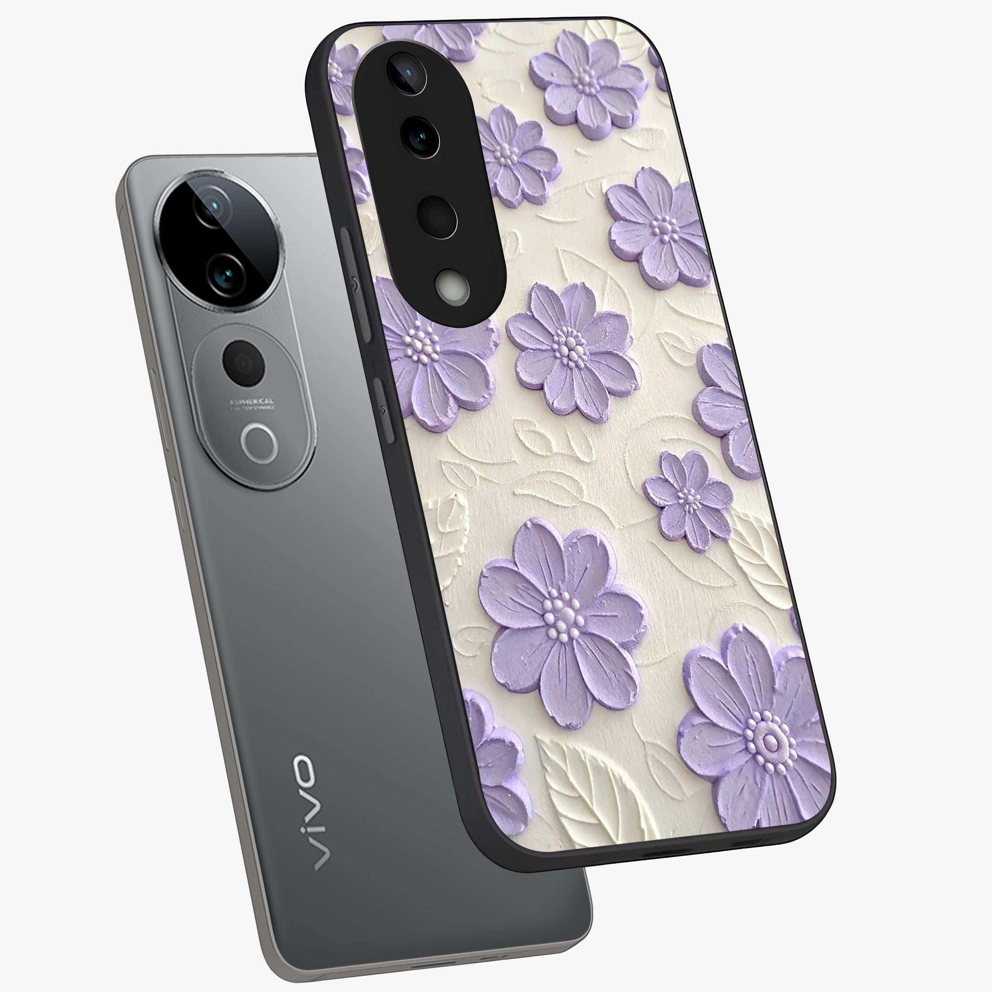 Floral Wall Art With Purple Flowers Glass Case displayed in angled mockup highlighting vibrant purple floral illustration with artistic aesthetic.
