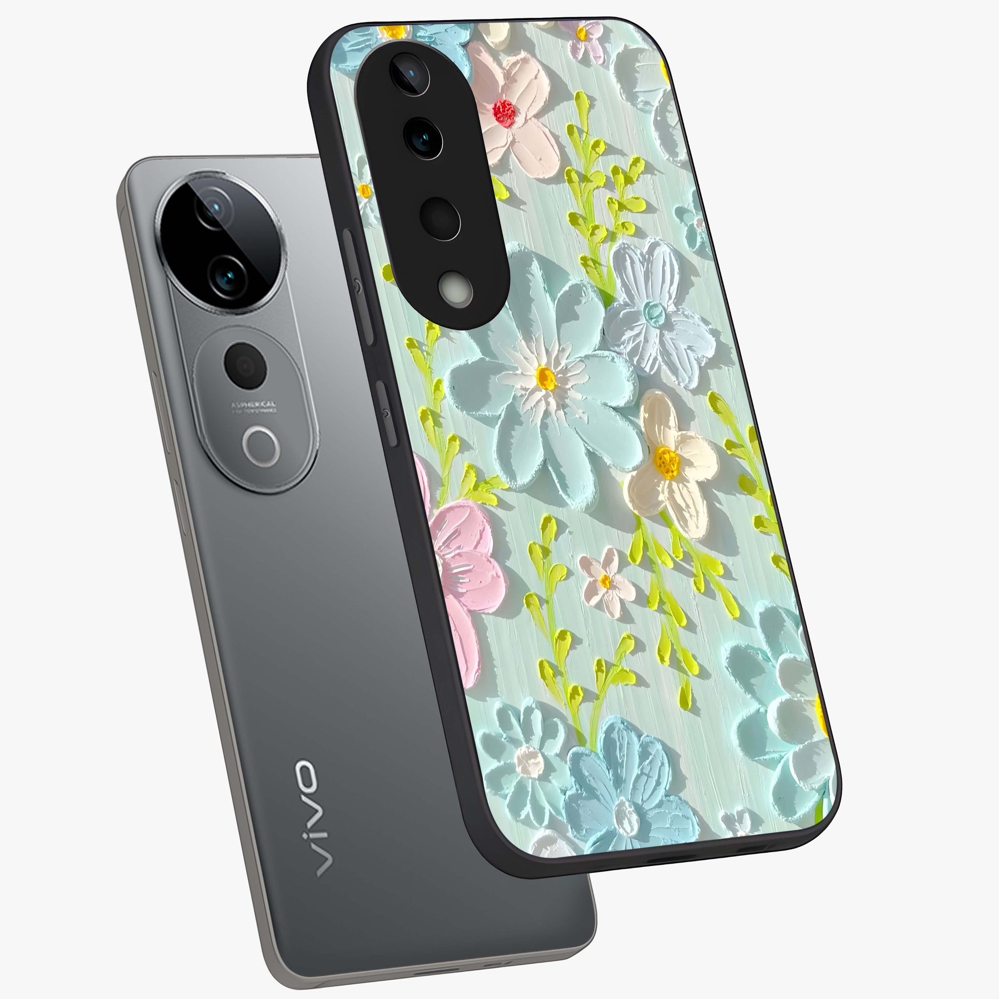 Frosted Petal Garden Glass Case displayed in angled mockup highlighting delicate flower petal design with calm garden aesthetic.