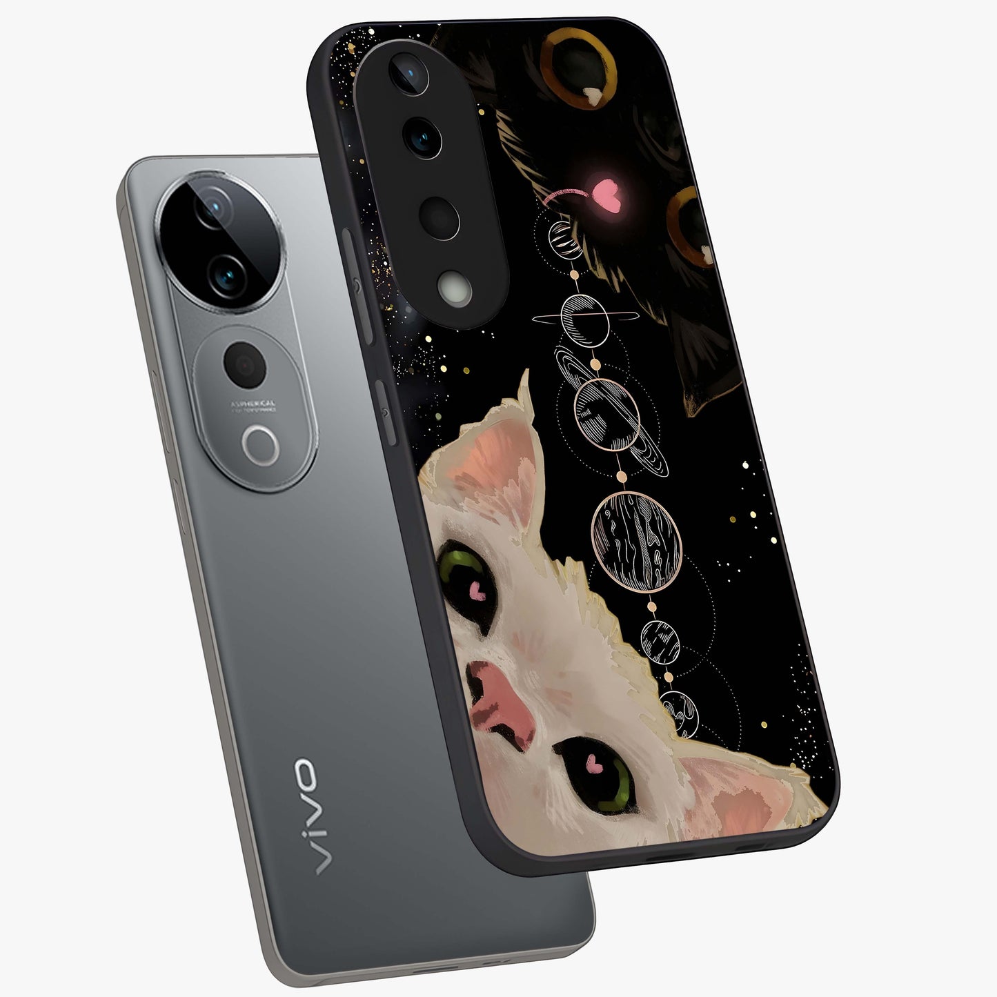 Galactic Cat Glass Case displayed in angled mockup highlighting celestial feline illustration with galaxy aesthetic style.