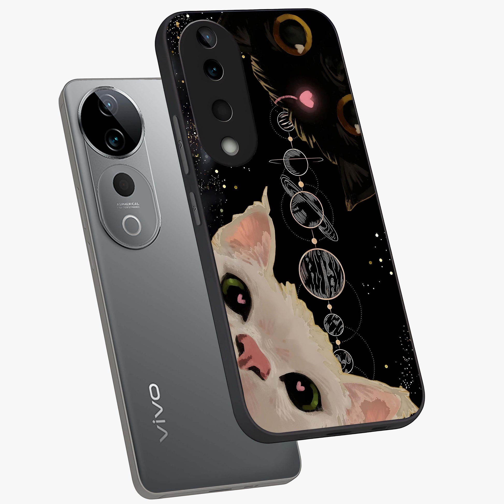 Galactic Cat Glass Case displayed in angled mockup highlighting celestial feline illustration with galaxy aesthetic style.