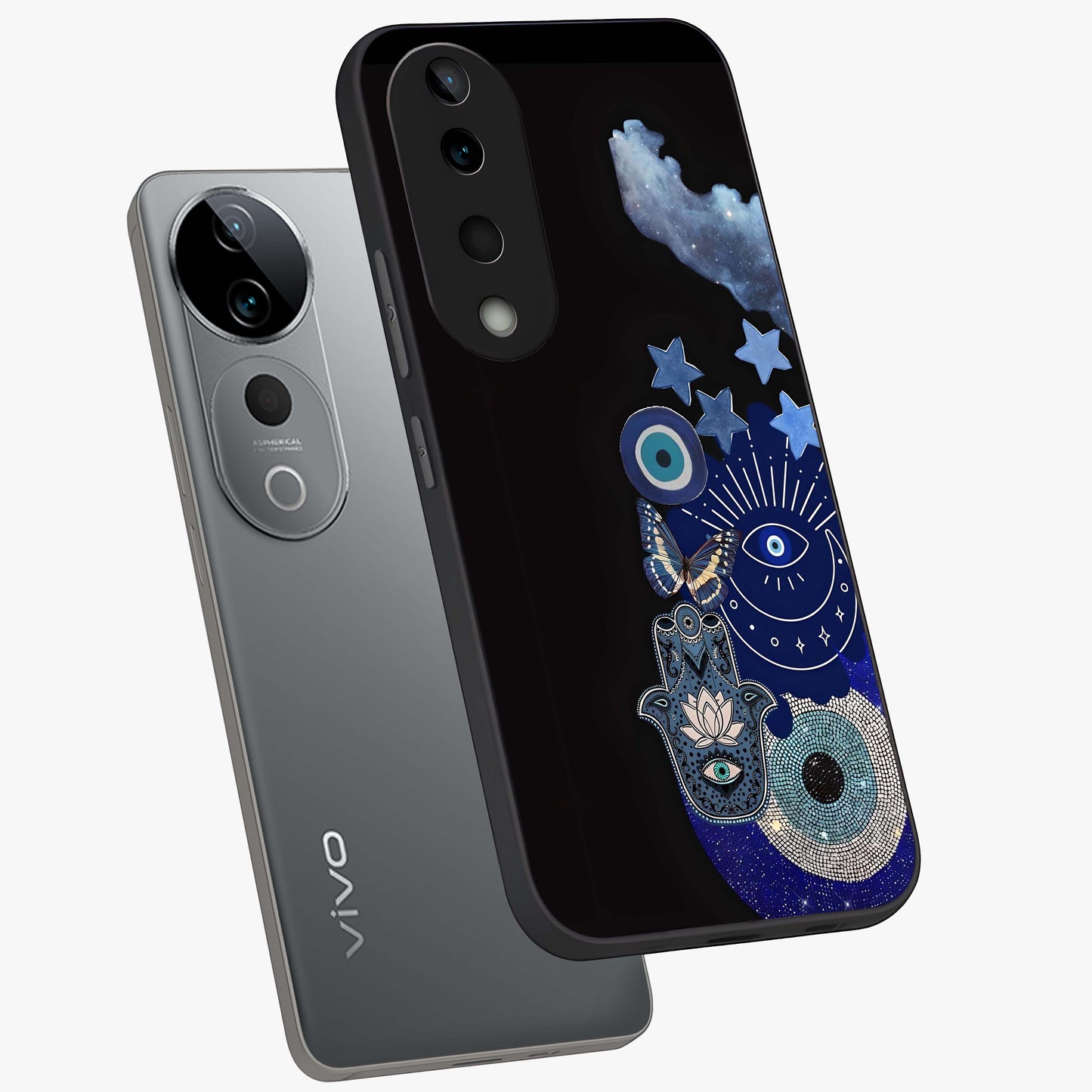 Galactic Charm Cluster Glass Case displayed in angled mockup highlighting luminous galaxy inspired design with dreamy aesthetic.