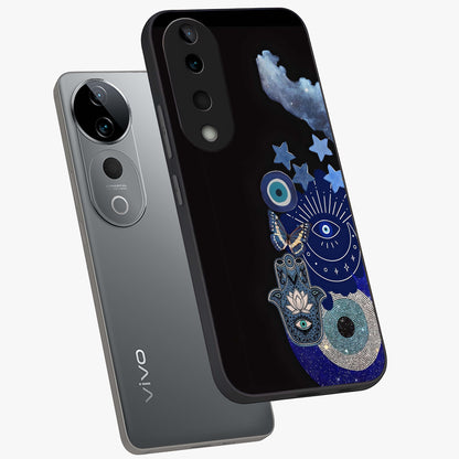 Galactic Charm Cluster Glass Case displayed in angled mockup highlighting luminous galaxy inspired design with dreamy aesthetic.