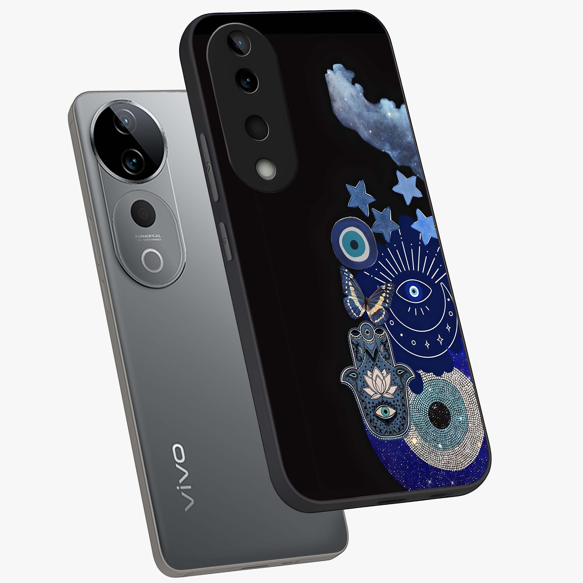 Galactic Charm Cluster Glass Case displayed in angled mockup highlighting luminous galaxy inspired design with dreamy aesthetic.
