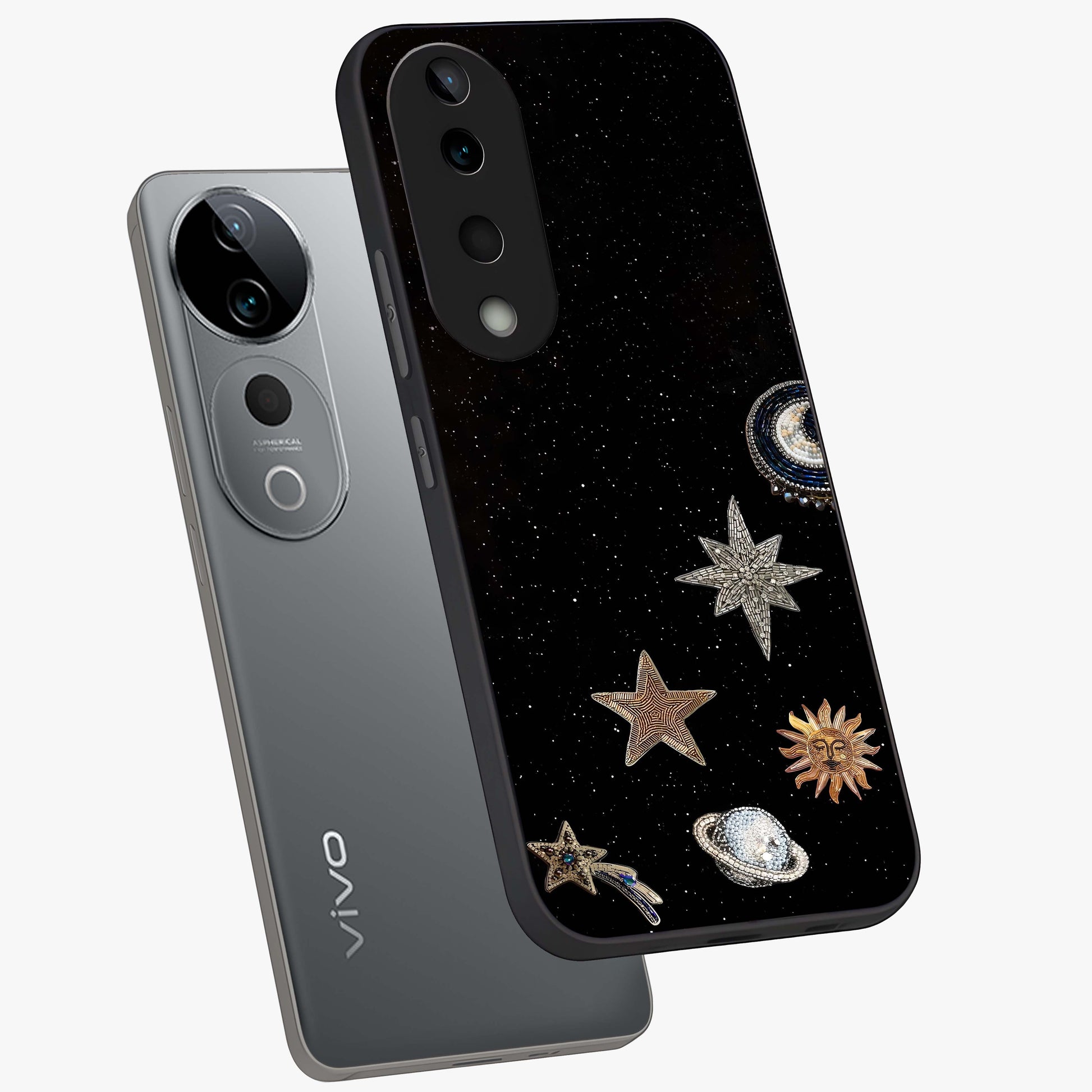 Galactic Charm Glow Glass Case displayed in angled mockup highlighting luminous galaxy inspired design with dreamy aesthetic.