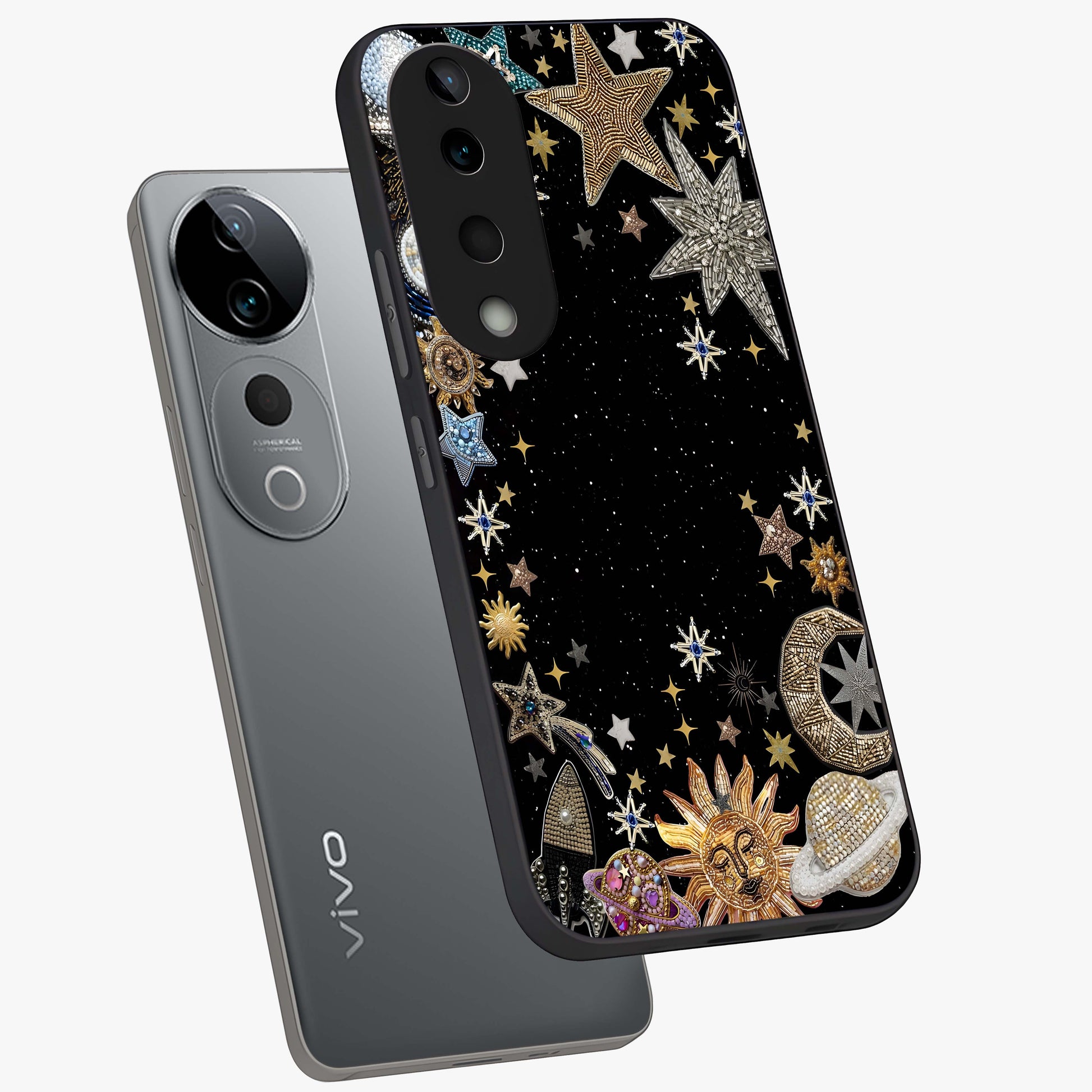 Galactic Jewel Stars Glass Case displayed in angled mockup highlighting shining celestial star design with cosmic aesthetic style.