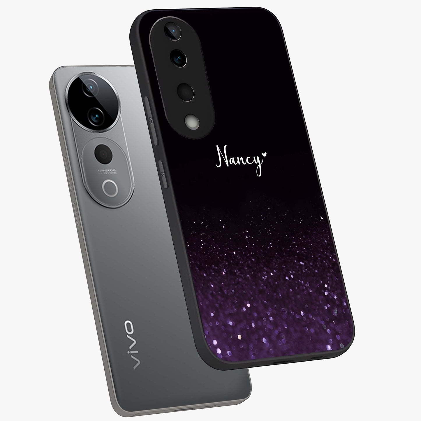 Glittery Purple Bokeh Custom Name Glass Case displayed in angled mockup highlighting glitter bokeh pattern with custom name feature.