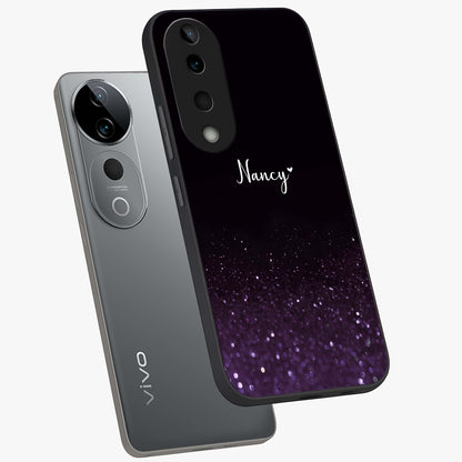 Glittery Purple Bokeh Custom Name Glass Case displayed in angled mockup highlighting glitter bokeh pattern with custom name feature.