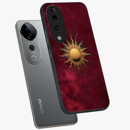 Golden Sun Minimalism Glass Case displayed in angled mockup highlighting clean sun symbol design with modern minimal aesthetic.