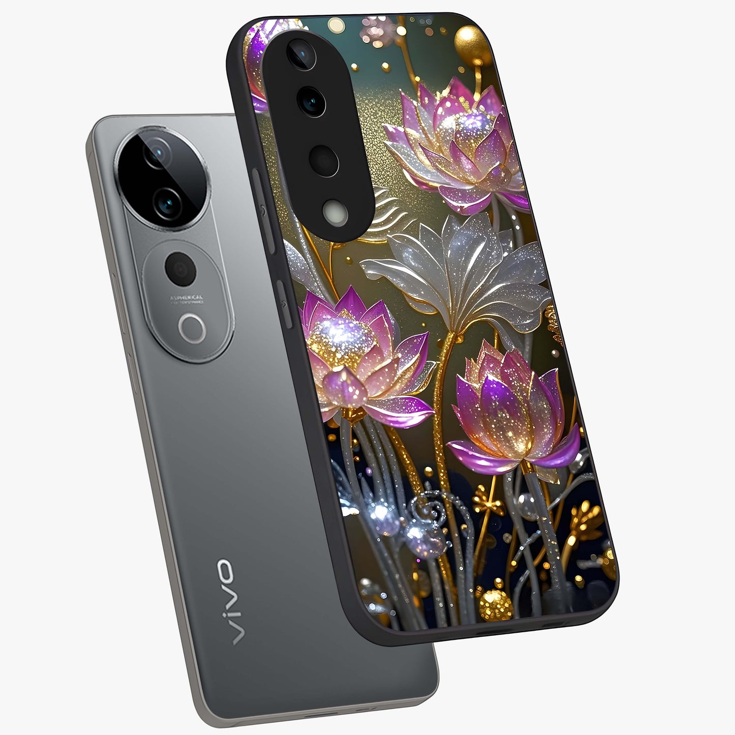 Golden Floral Majesty Glass Case displayed in angled mockup highlighting elegant flower design with royal golden aesthetic.