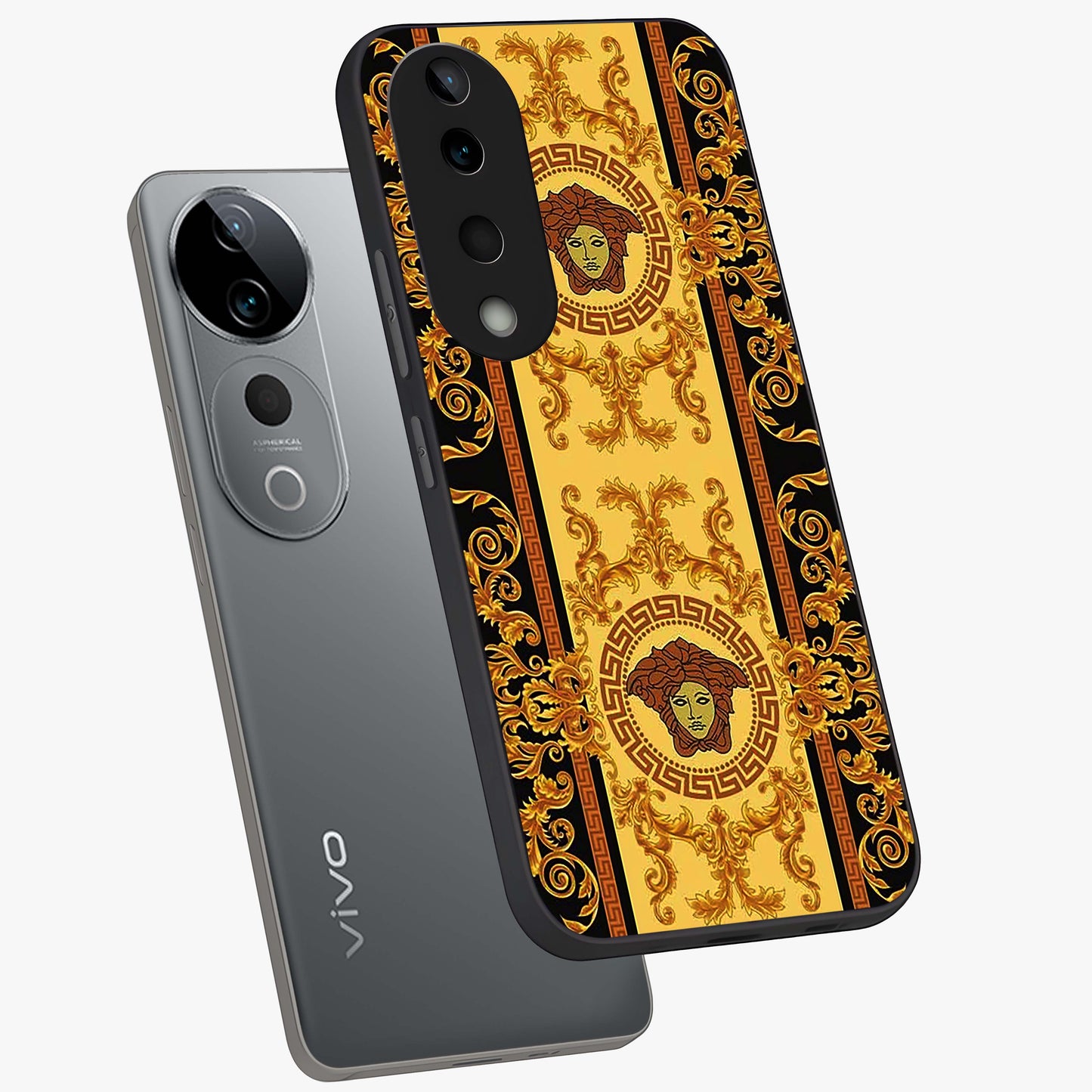 Golden Lotus Glow Glass Case displayed in angled mockup highlighting radiant lotus illustration with spiritual aesthetic.