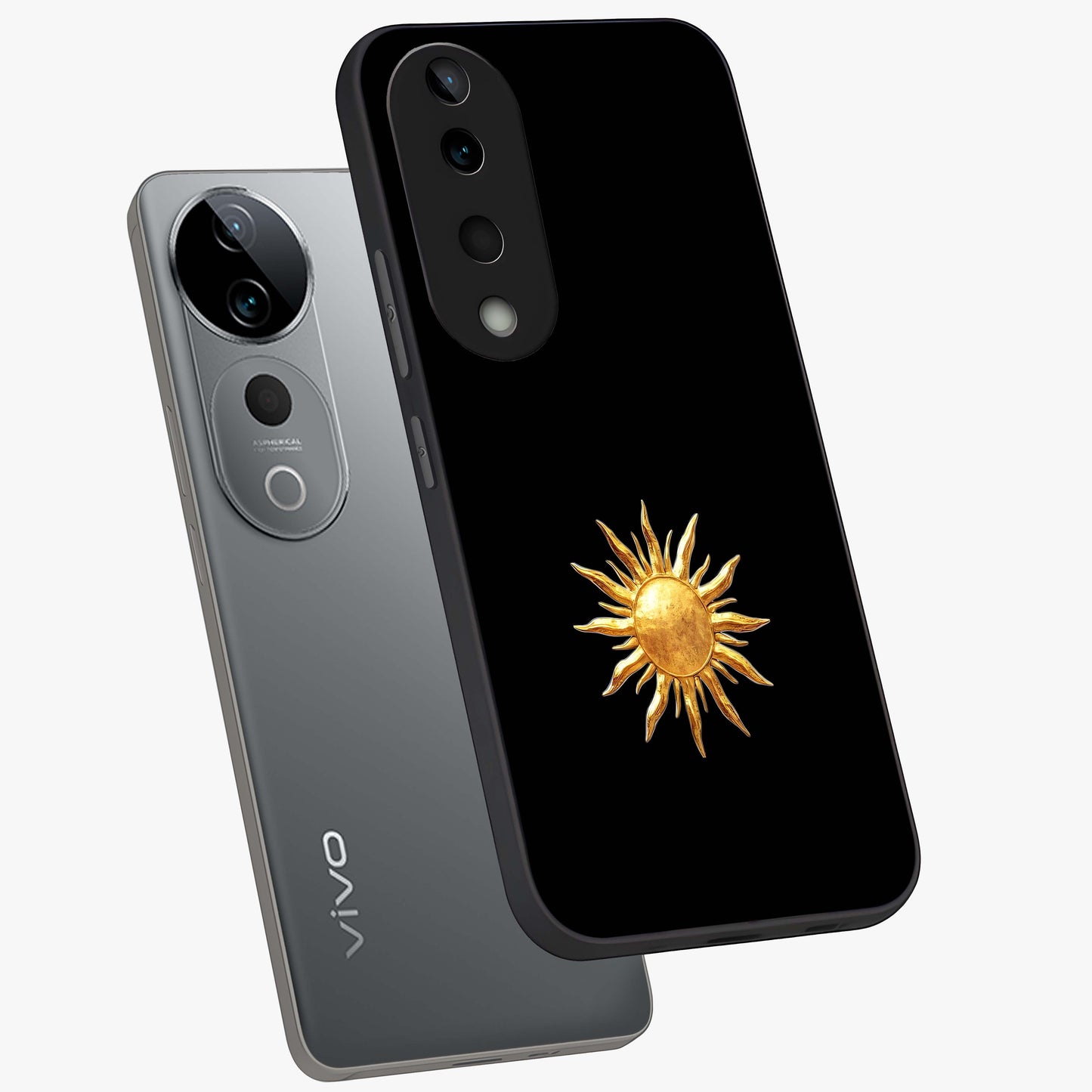 Golden Sun Minimalism Glass Case displayed in angled mockup highlighting eerie shadow illustration with gothic aesthetic.