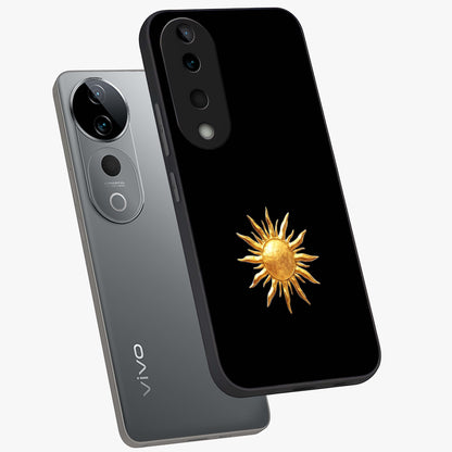 Golden Sun Minimalism Glass Case displayed in angled mockup highlighting eerie shadow illustration with gothic aesthetic.