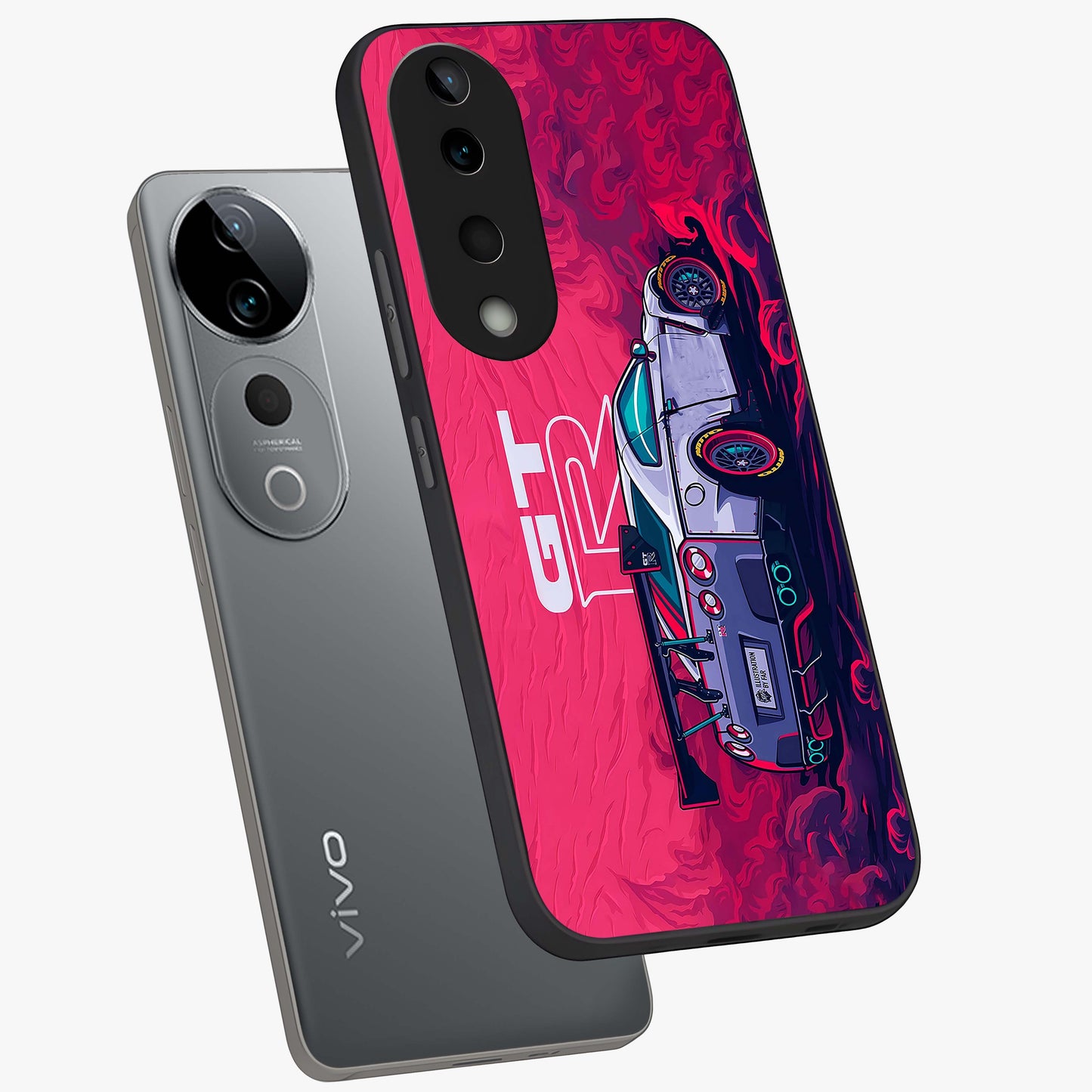 GT-R Car Pattern Glass Case displayed in angled mockup highlighting racing car graphic design with bold automotive aesthetic.