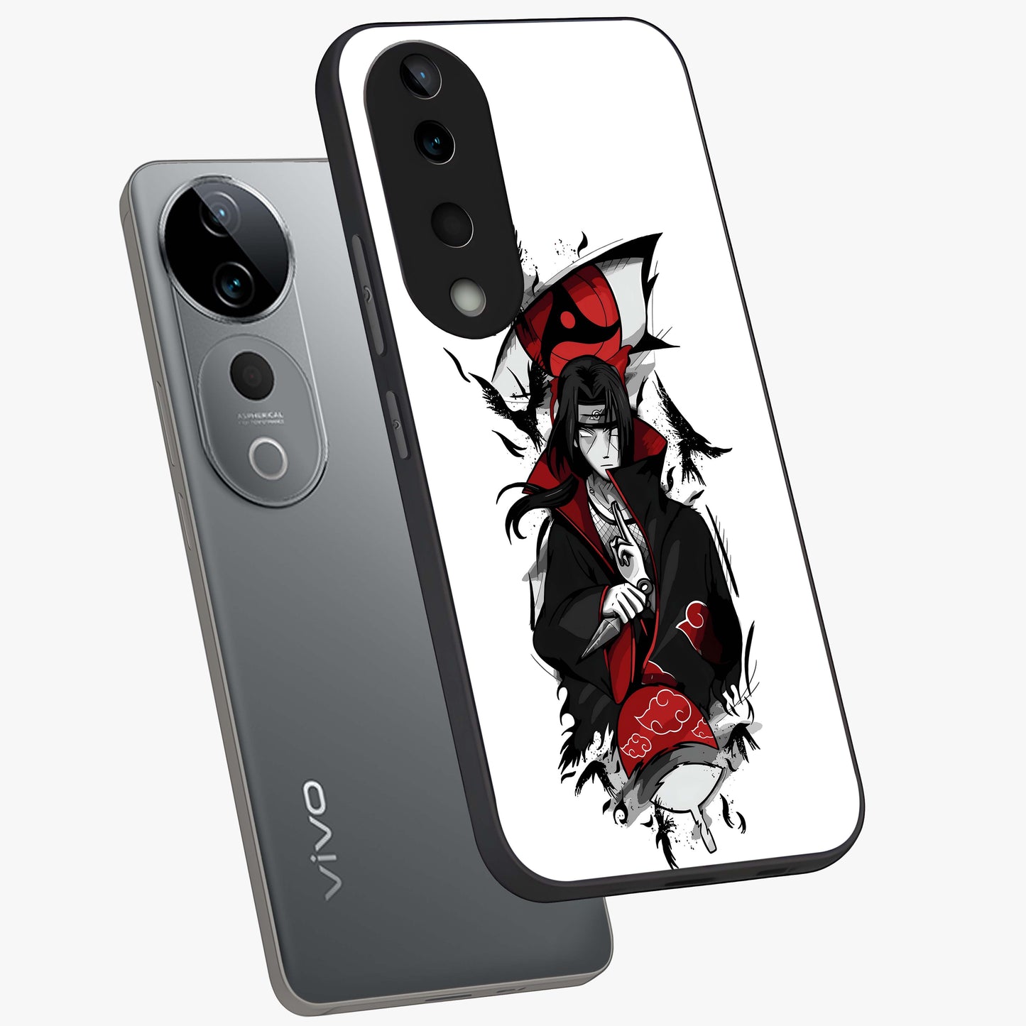 Itachi Limited Edition Naruto Anime Glass Case displayed in angled mockup highlighting dramatic anime illustration with bold action aesthetic.