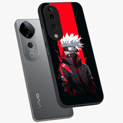 Kakashi Scarlet Shadow Glass Case displayed in angled mockup highlighting dramatic ninja illustration with scarlet themed aesthetic.