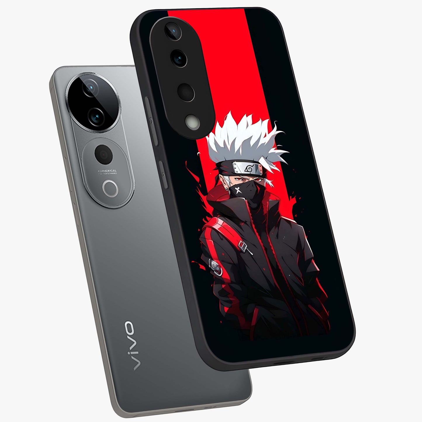 Kakashi Scarlet Shadow Glass Case displayed in angled mockup highlighting dramatic ninja illustration with scarlet themed aesthetic.