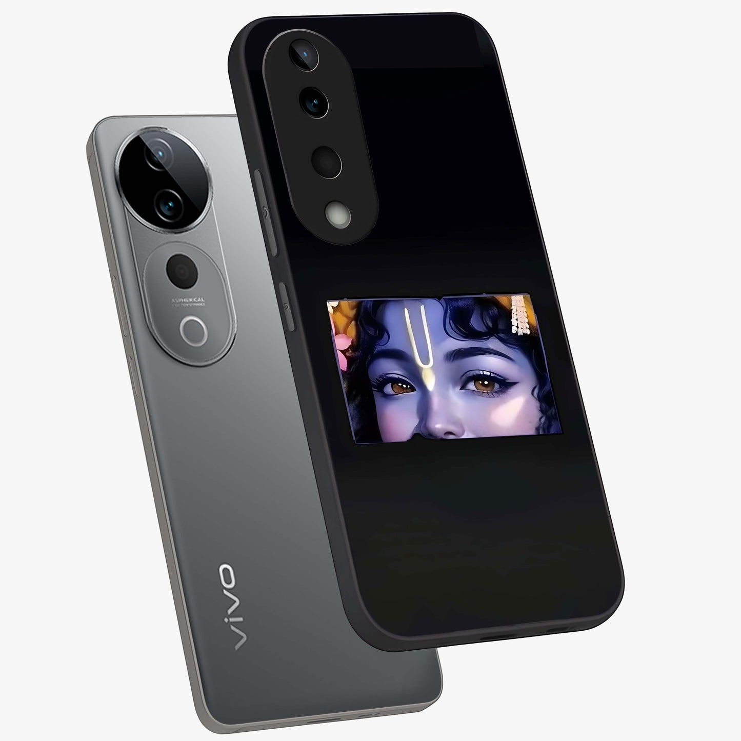 Krishna Divine Embrace Glass Case displayed in angled mockup highlighting divine Krishna illustration with spiritual aesthetic.