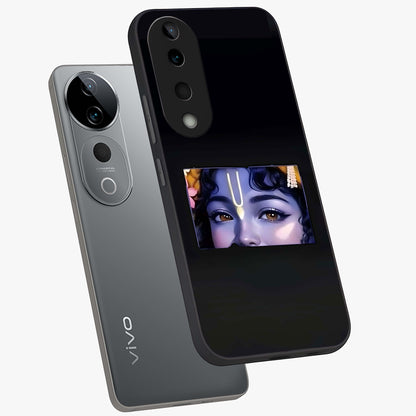 Krishna Divine Embrace Glass Case displayed in angled mockup highlighting divine Krishna illustration with spiritual aesthetic.