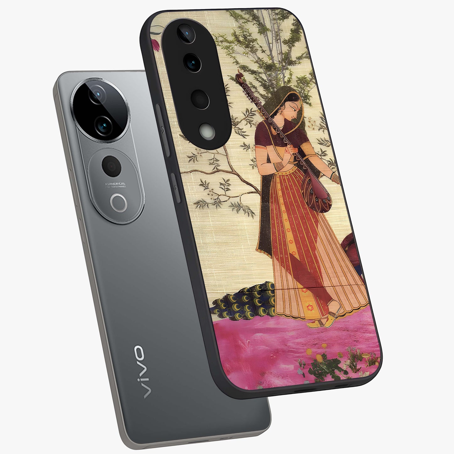 Lady With Veena Art Glass Case displayed in angled mockup highlighting graceful musical illustration with cultural artistic aesthetic.