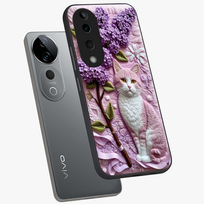 Lavender Cat Whimsy Glass Case displayed in angled mockup highlighting playful feline illustration with pastel lavender aesthetic.