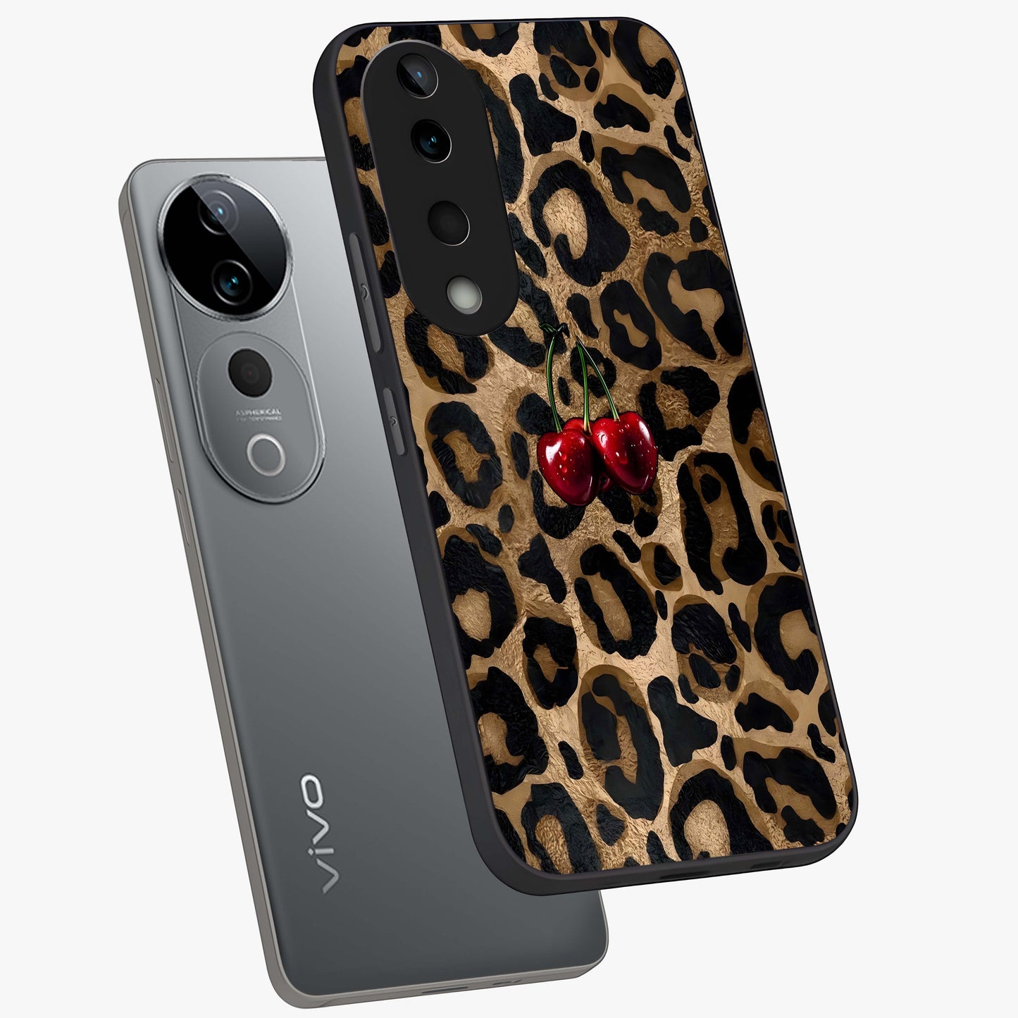 Leopard Wild Cherry Glass Case displayed in angled mockup highlighting bold animal print design with playful cherry aesthetic.