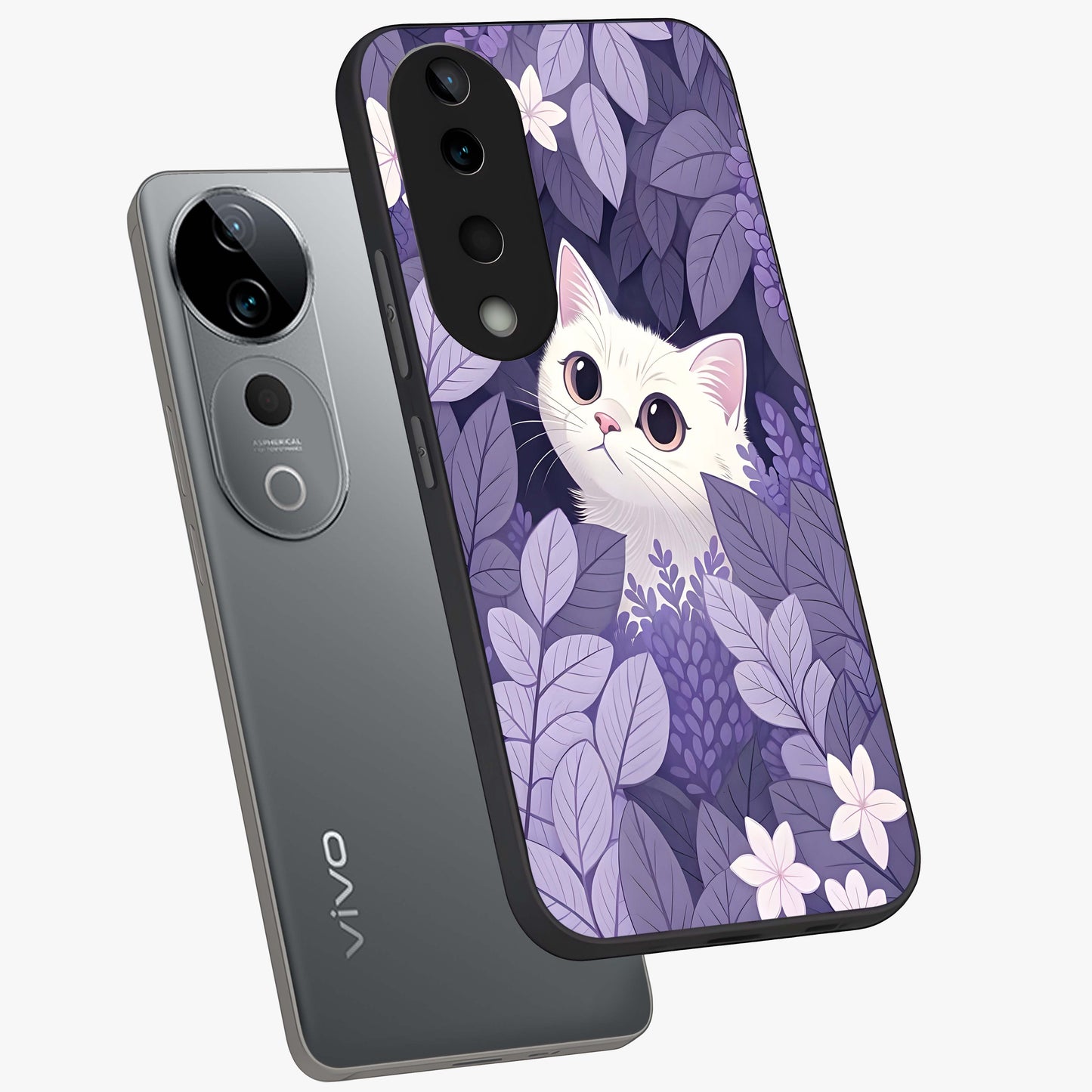 Lilac Hide Peek Cat Glass Case displayed in angled mockup highlighting playful feline illustration with lilac aesthetic design.