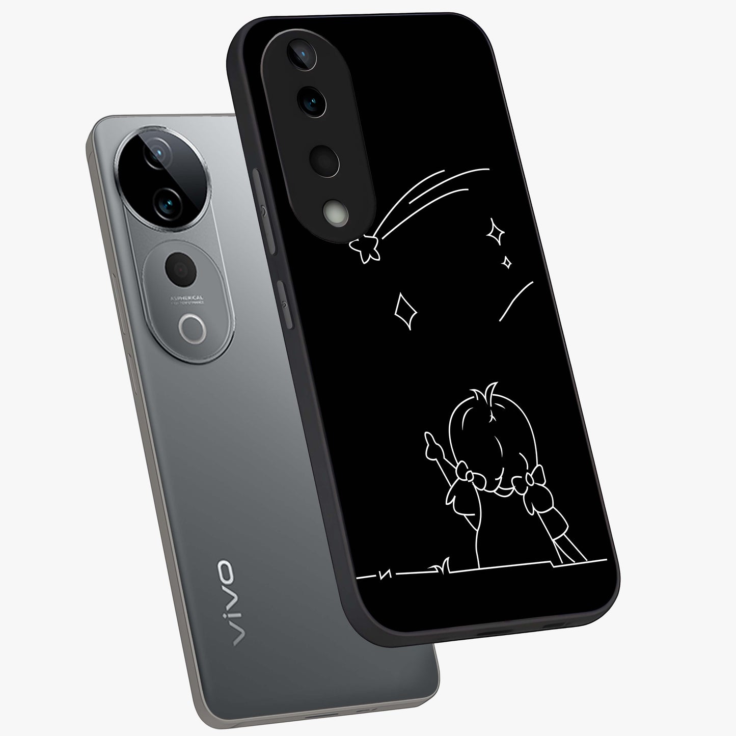 Line Art Girl With Shooting Stars Glass Case displayed in angled mockup highlighting elegant line art design with dreamy star aesthetic.