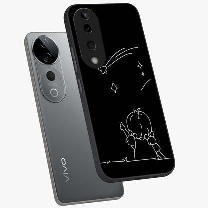 Line Art Girl With Shooting Stars Glass Case displayed in angled mockup highlighting elegant line art design with dreamy star aesthetic.