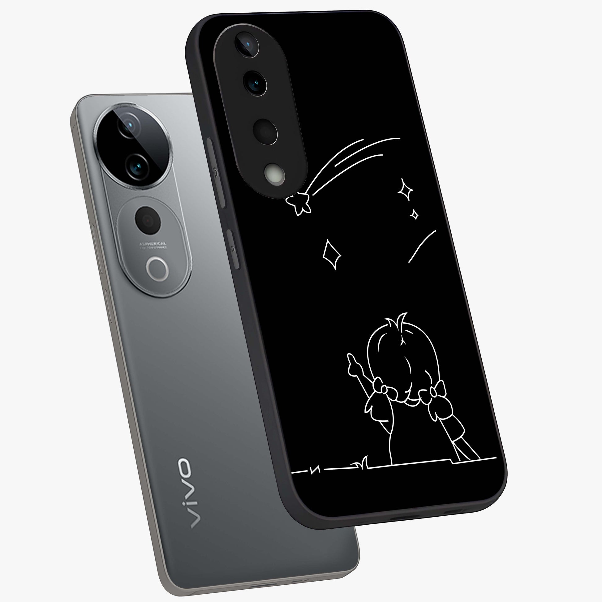 Line Art Girl With Shooting Stars Glass Case displayed in angled mockup highlighting elegant line art design with dreamy star aesthetic.