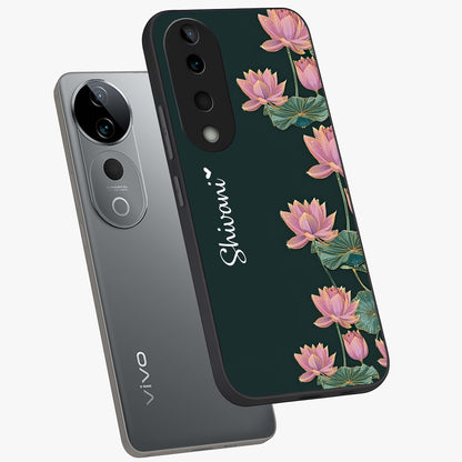 Lotus Bloom Serenity Custom Name Glass Case displayed in angled mockup highlighting graceful lotus illustration with custom name feature.