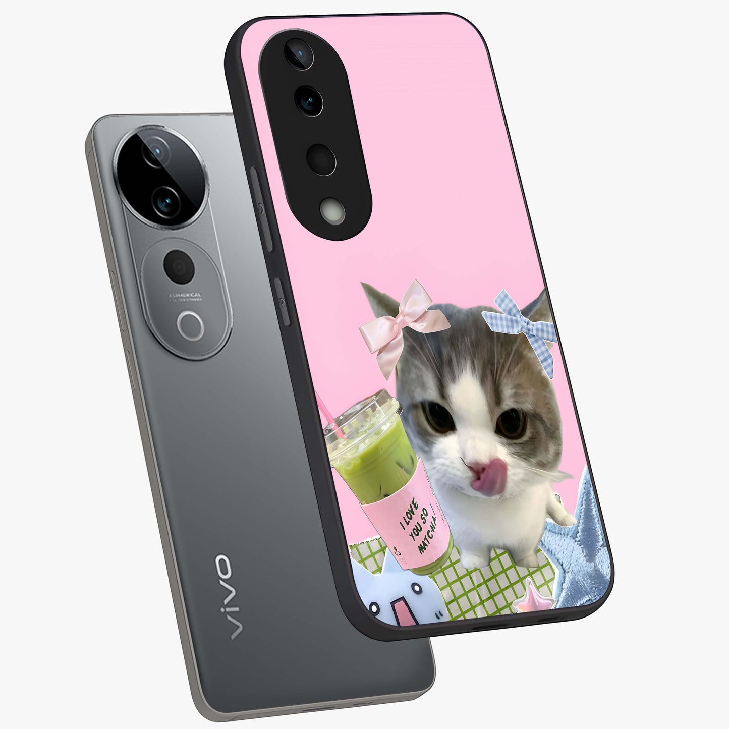 Love Matcha Cat Glass Case displayed in angled mockup highlighting playful feline illustration with cozy matcha aesthetic.