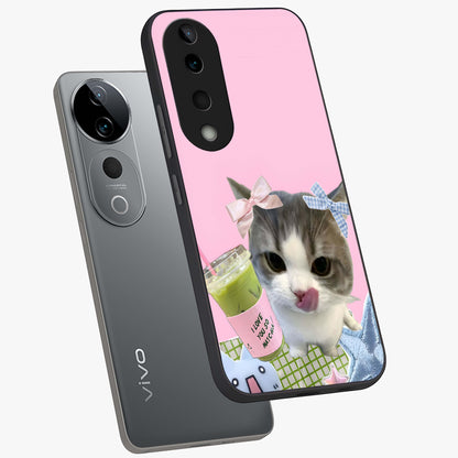 Love Matcha Cat Glass Case displayed in angled mockup highlighting playful feline illustration with cozy matcha aesthetic.
