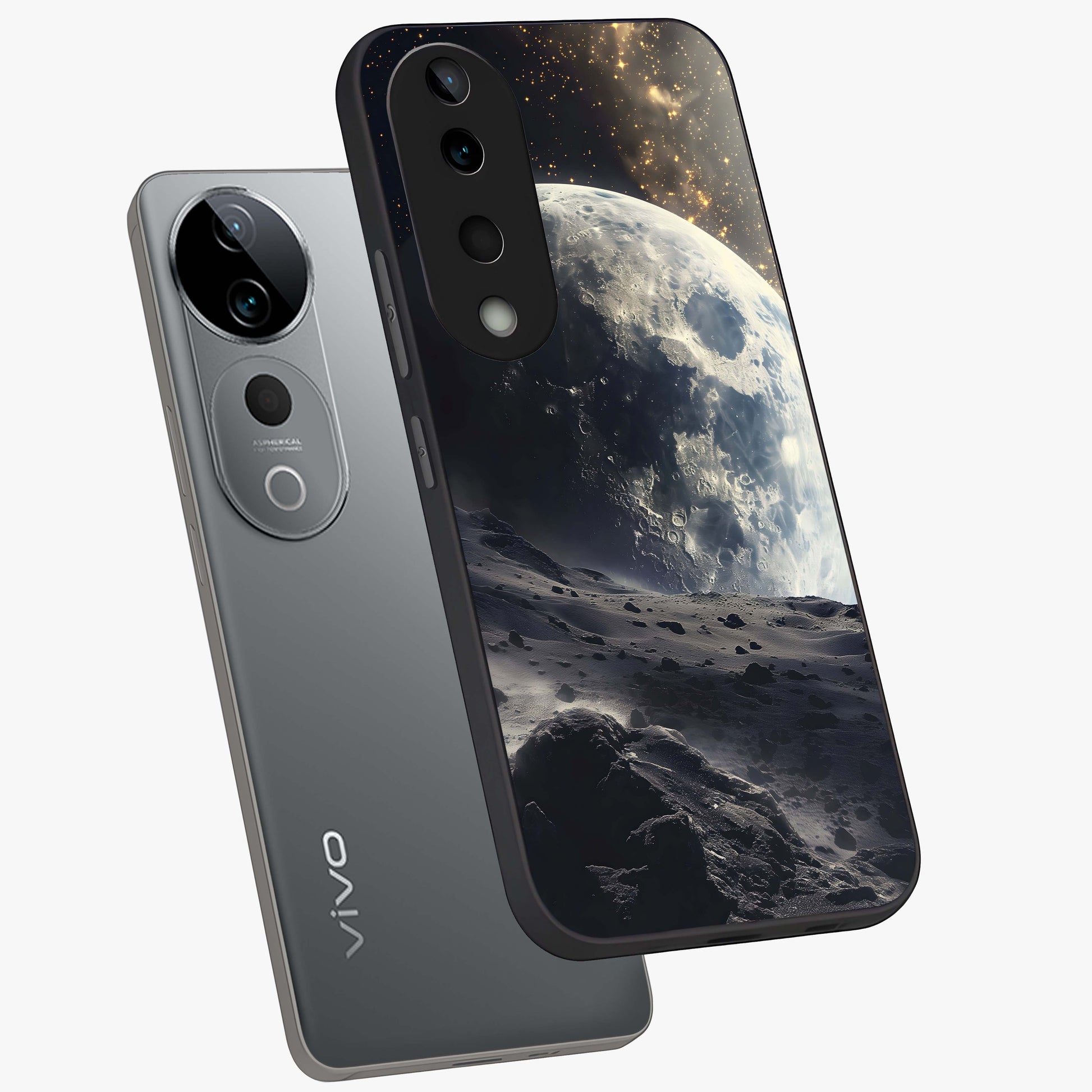 Lunar Horizon Glow Glass Case displayed in angled mockup highlighting celestial moon design with dreamy night aesthetic.