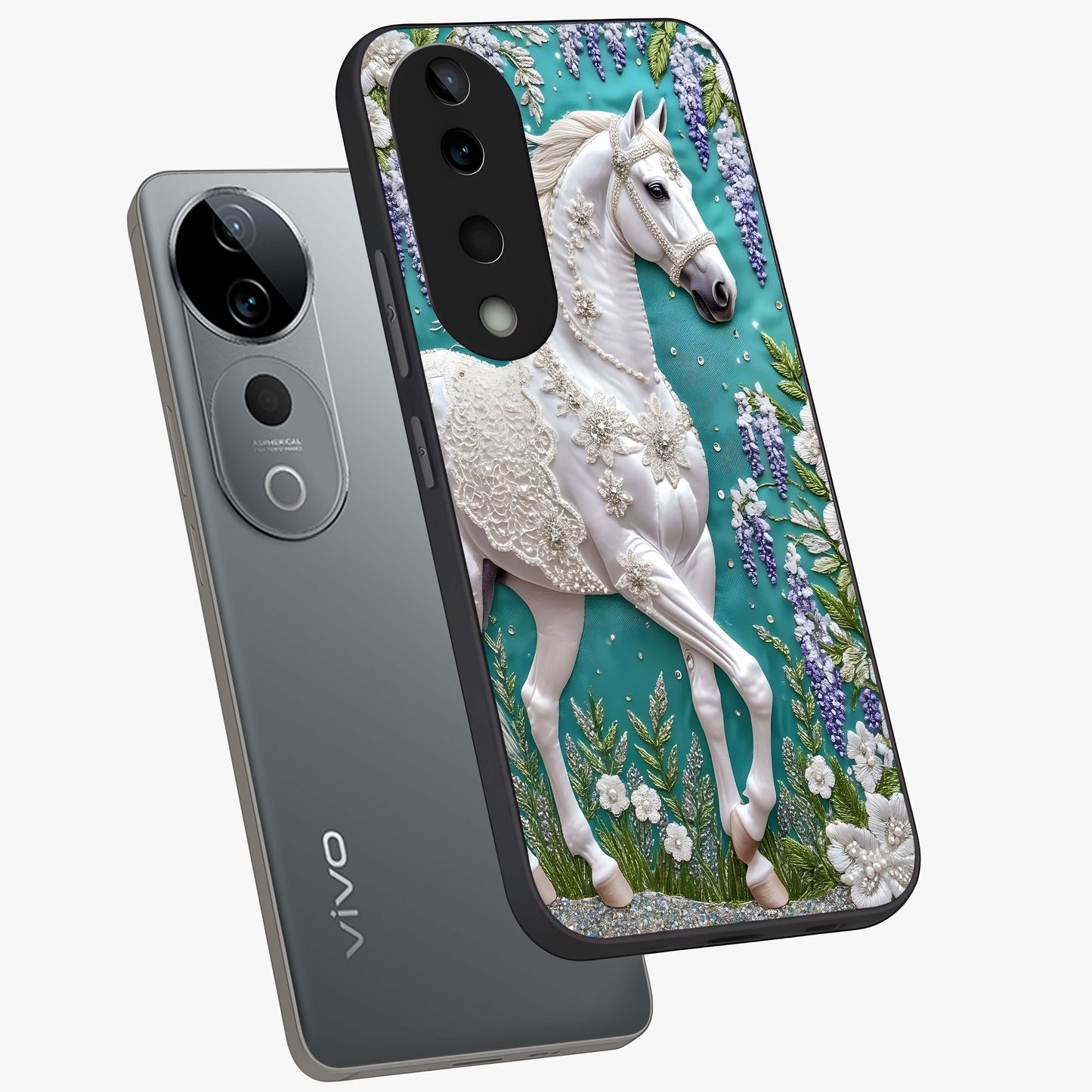 Majestic Floral Stallion Glass Case displayed in angled mockup highlighting majestic stallion illustration with elegant floral aesthetic.