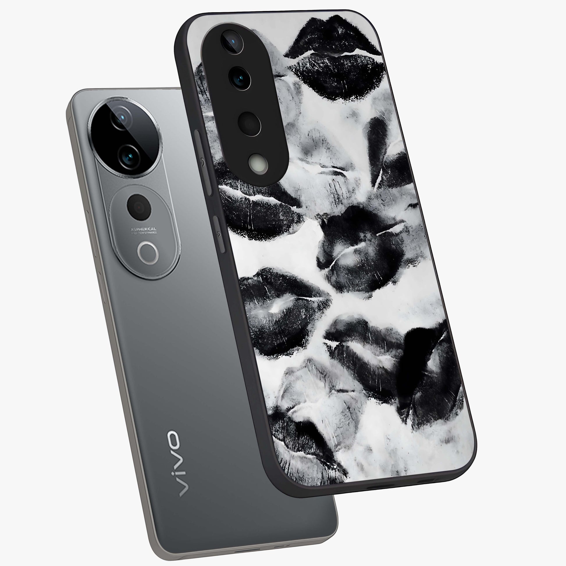 Midnight Kiss Marks Glass Case displayed in angled mockup highlighting playful romantic design with bold midnight aesthetic.