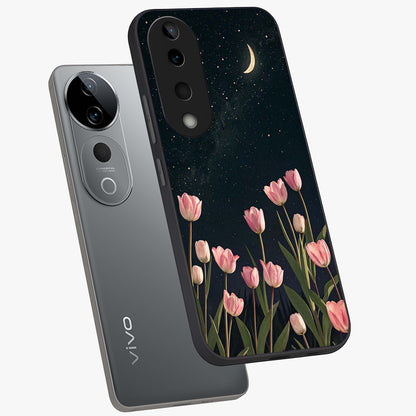 Midnight Tulip Whispers Vibe Glass Case displayed in angled mockup highlighting delicate tulip design with midnight floral aesthetic.