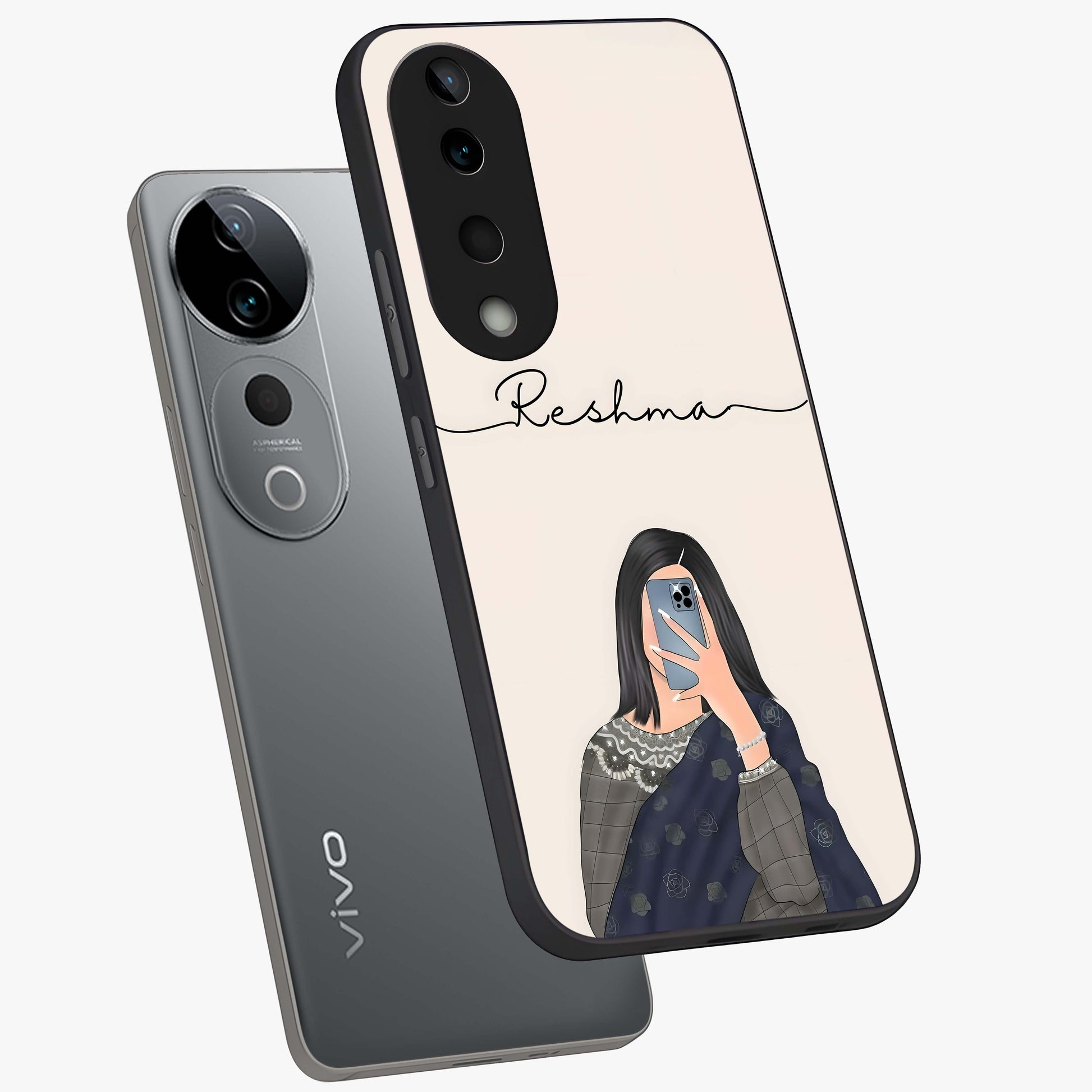 Mirror Mood Muse With Custom Name Glass Case displayed in angled mockup highlighting aesthetic mirror inspired design with custom name feature.