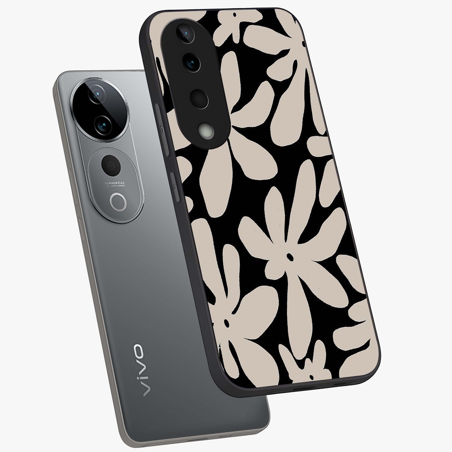 Monochrome Petal Dance Glass Case displayed in angled mockup highlighting elegant petal design with black and white aesthetic.