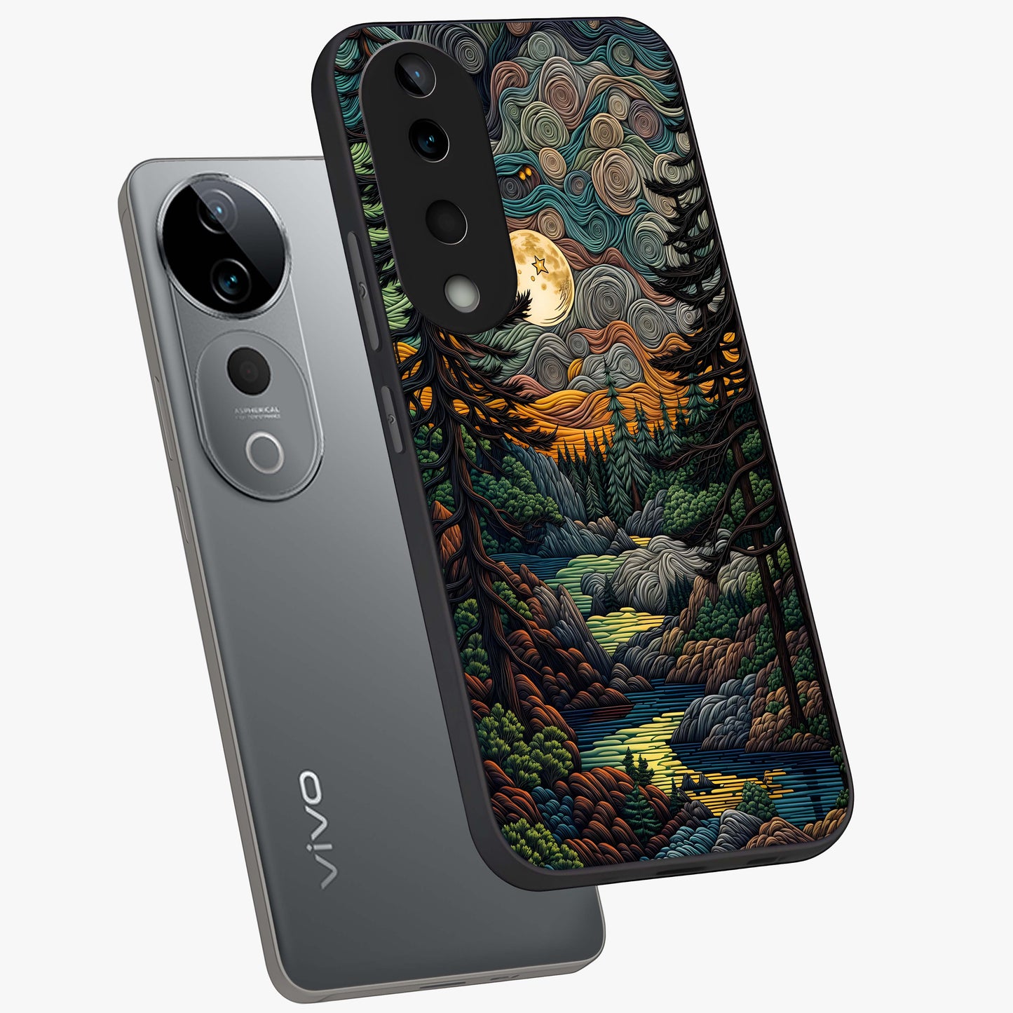 Moonlight Forest Dream Glass Case displayed in angled mockup highlighting dreamy forest design with glowing moon aesthetic.