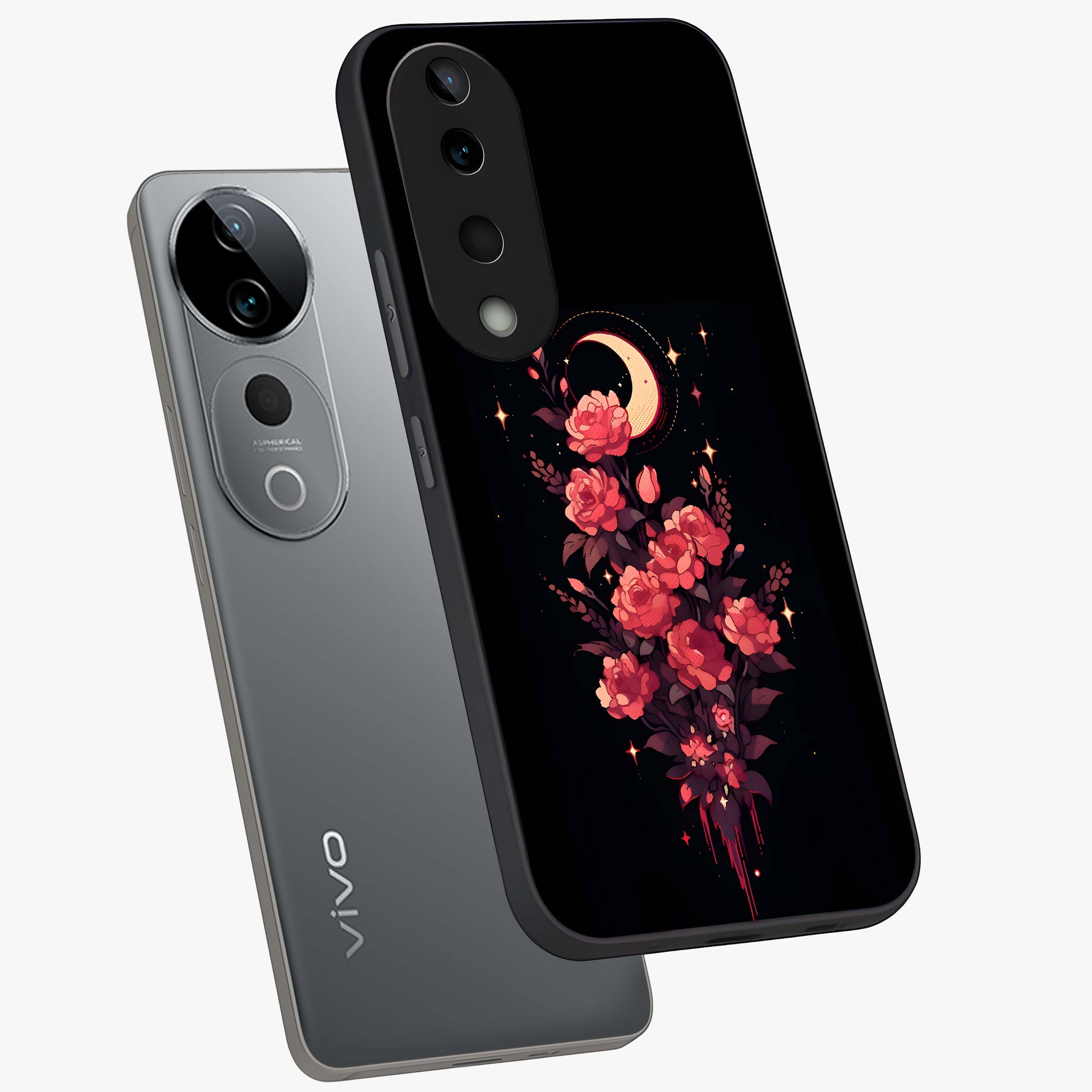 Moonlit Floral Elegance Glass Case displayed in angled mockup highlighting graceful flower design with soft moonlight aesthetic.