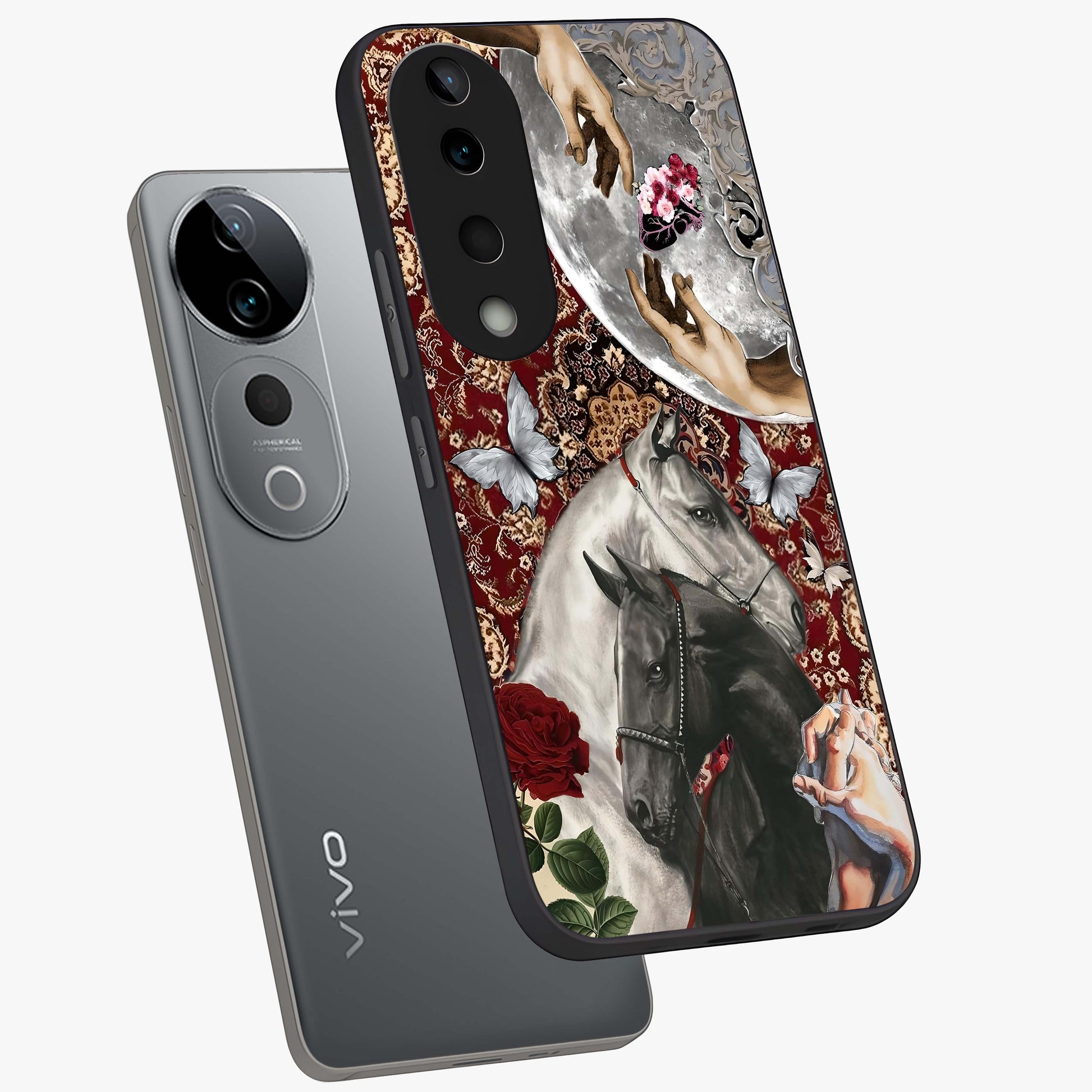 Moonlit Royal Stallion Glass Case displayed in angled mockup highlighting powerful stallion illustration with royal night aesthetic.