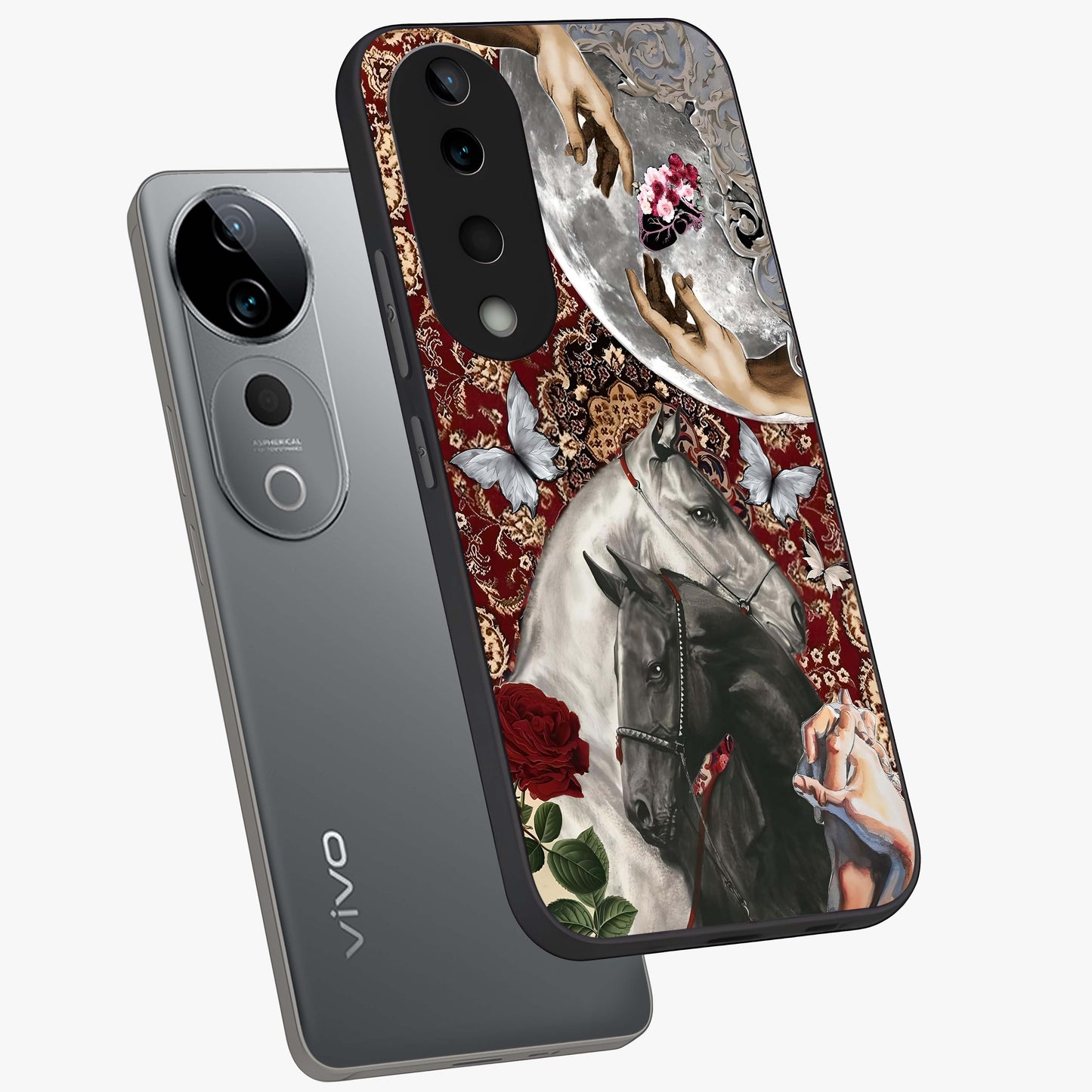 Moonlit Royal Stallion Glass Case displayed in angled mockup highlighting powerful stallion illustration with royal night aesthetic.