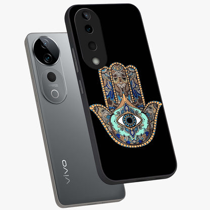 Mystic Hamsa Eye Glass Case displayed in angled mockup highlighting spiritual hamsa symbol with mystical aesthetic style.