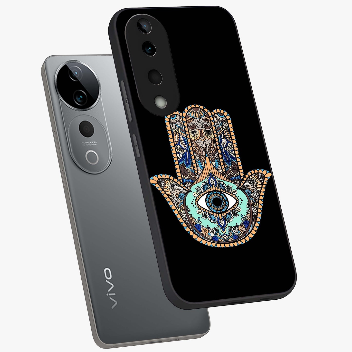 Mystic Hamsa Eye Glass Case displayed in angled mockup highlighting spiritual hamsa symbol with mystical aesthetic style.