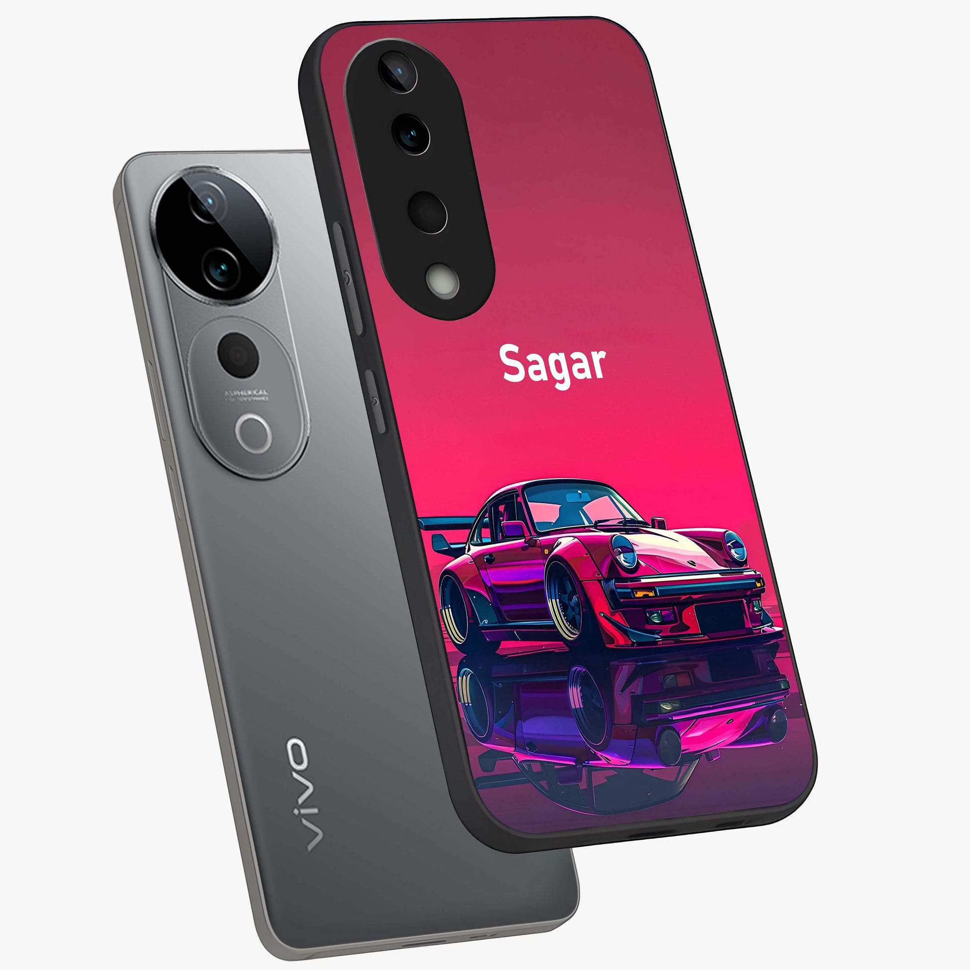 Neon Pink Porsche Glass Case displayed in angled mockup highlighting sleek neon pink car design with racing aesthetic.