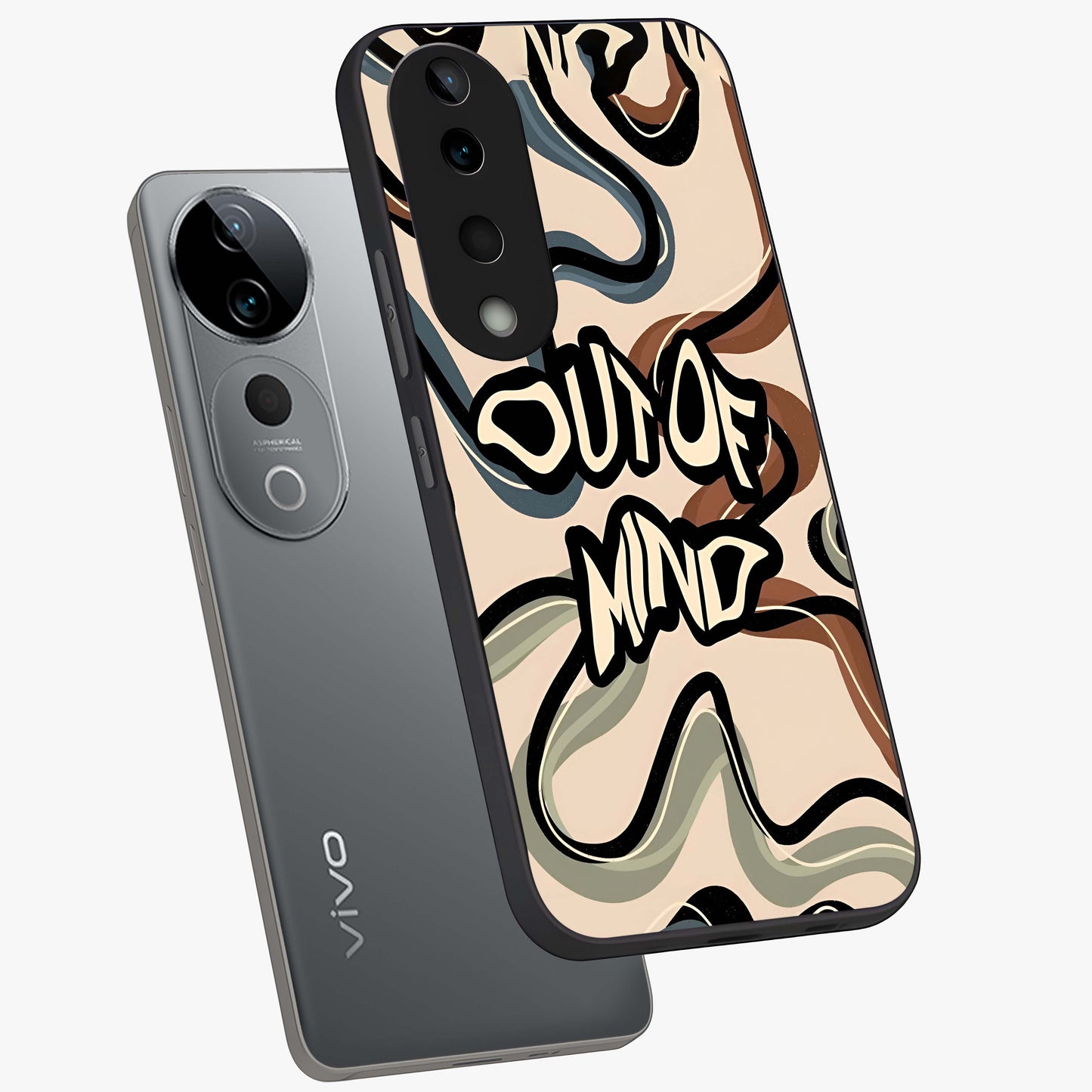 Out Of Mind Glass Case displayed in angled mockup highlighting bold statement design with modern artistic aesthetic.