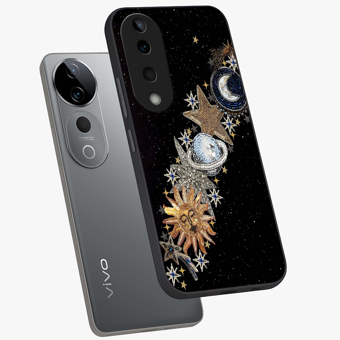 Pearls Universe Object Glass Case displayed in angled mockup highlighting celestial pearl design with dreamy aesthetic.