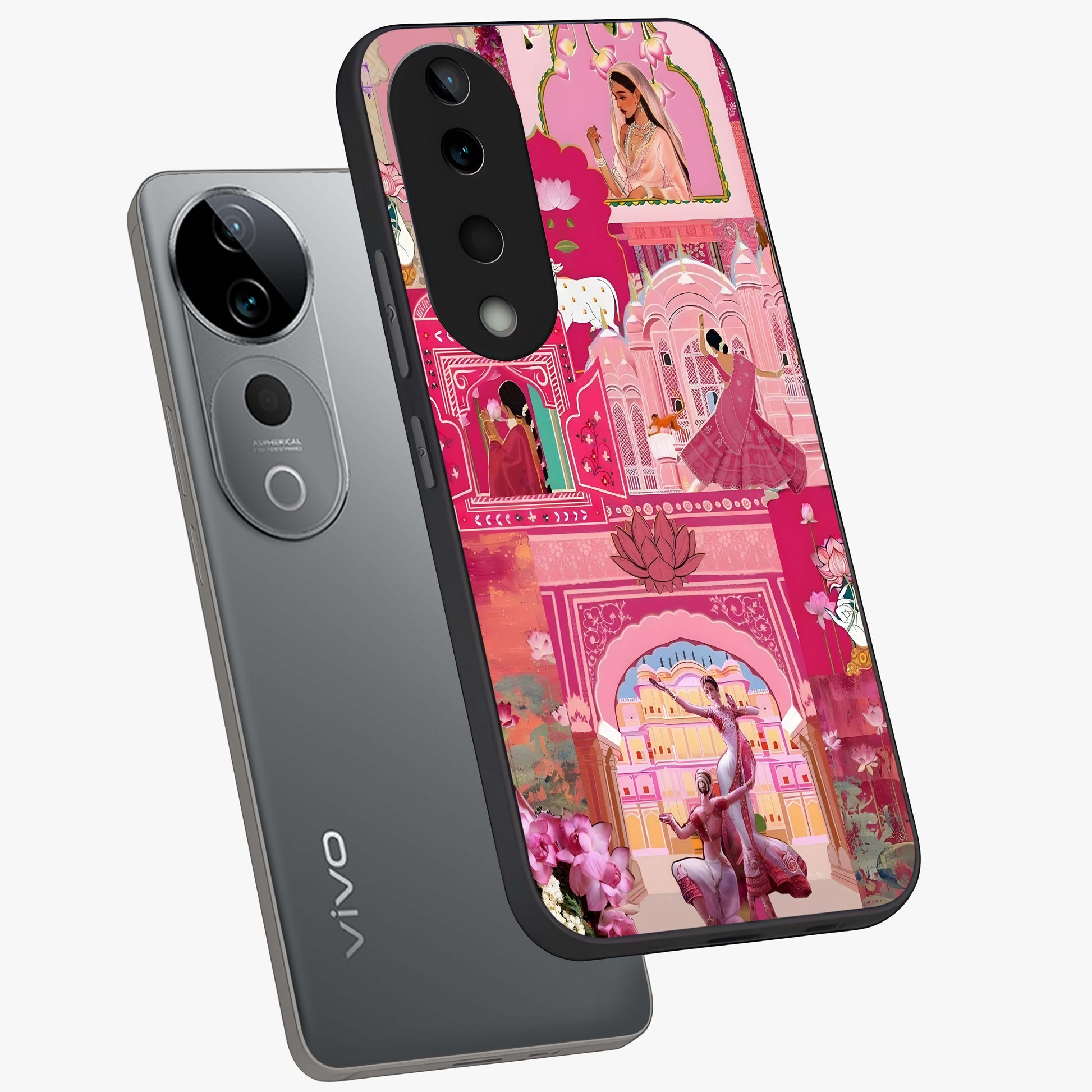 Pink Palace Muse Glass Case displayed in angled mockup highlighting dreamy palace illustration with soft pink aesthetic.