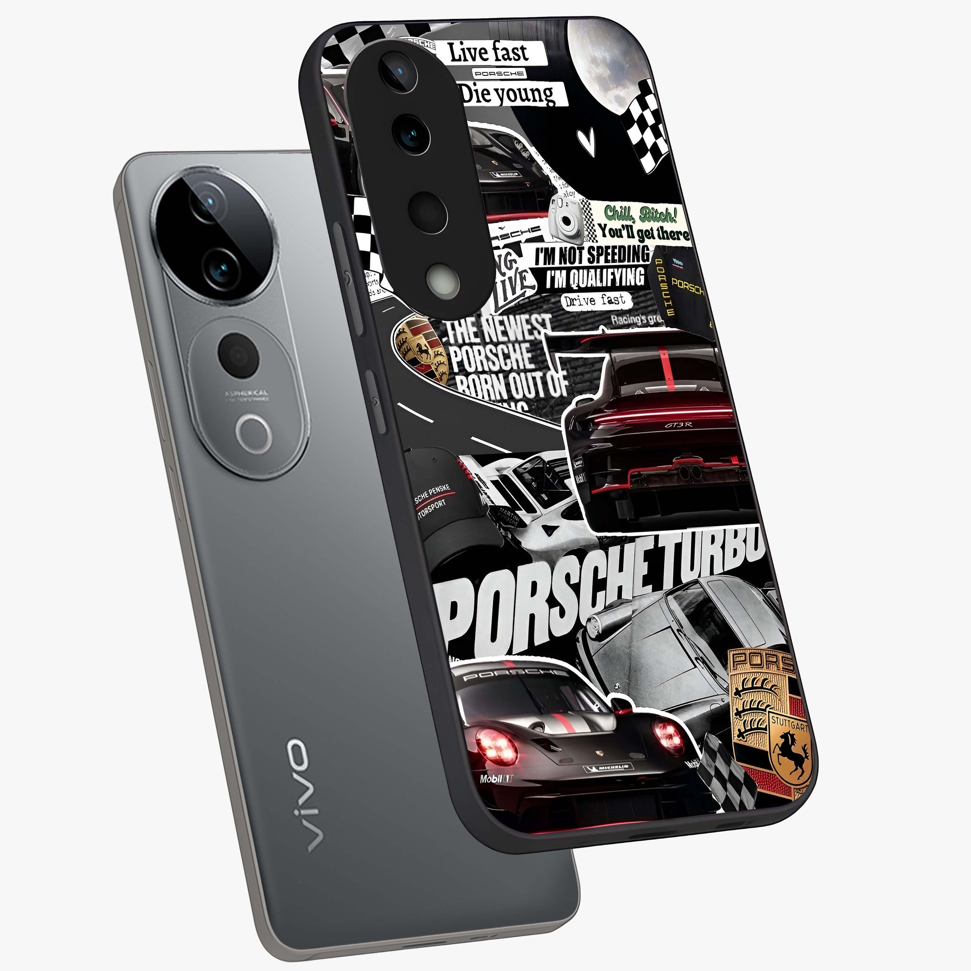 Porsche Racing Collage Glass Case displayed in angled mockup highlighting dynamic automotive design with bold racing aesthetic.